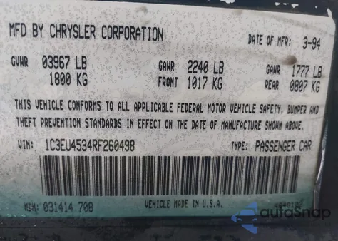 1994 Chrysler Lebaron Gtc/Lx from USA, damaged, VIN 1C3EU4534RF260498